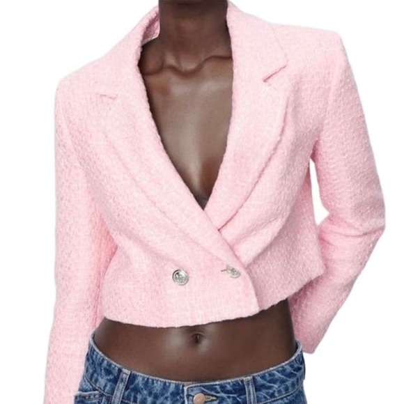 Zara Tweed Crop Blazer In Pink Medium
